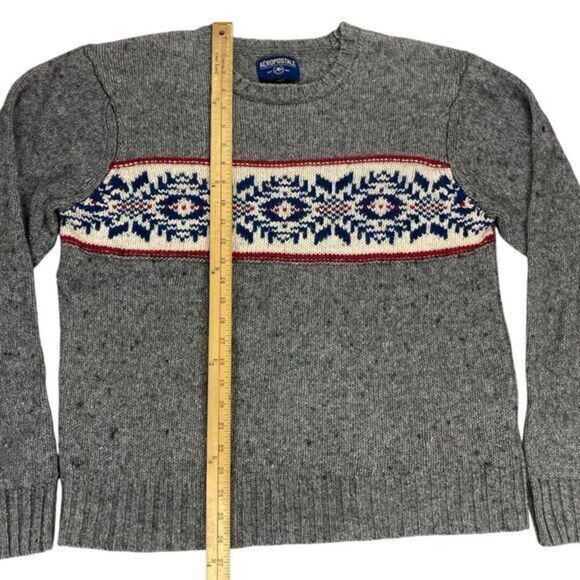 Aeropostale Sweater Men XL Gray Chunky Knit Crew Neck Fair Isle Bohemian Holiday - Picture 11 of 16